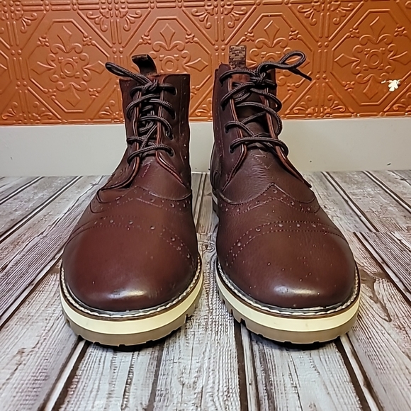TOMS Bootie Mens Brogue Casual Wingtip Ankle Boot Maroon Leather Lace Up Size 14 - Picture 11 of 12